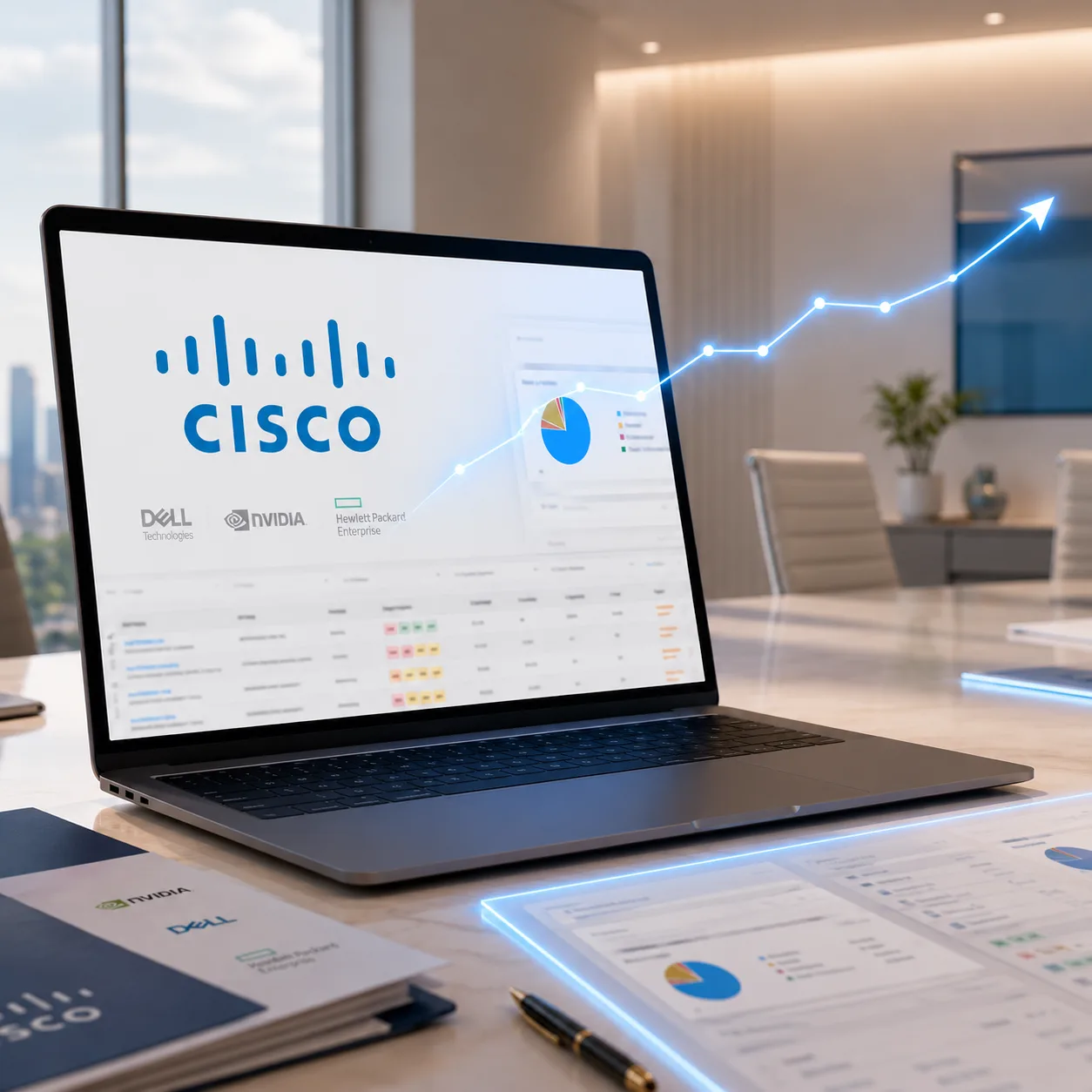A laptop showing Cisco partner-program tracking in Rebates-On, with rebate dollars trending upward