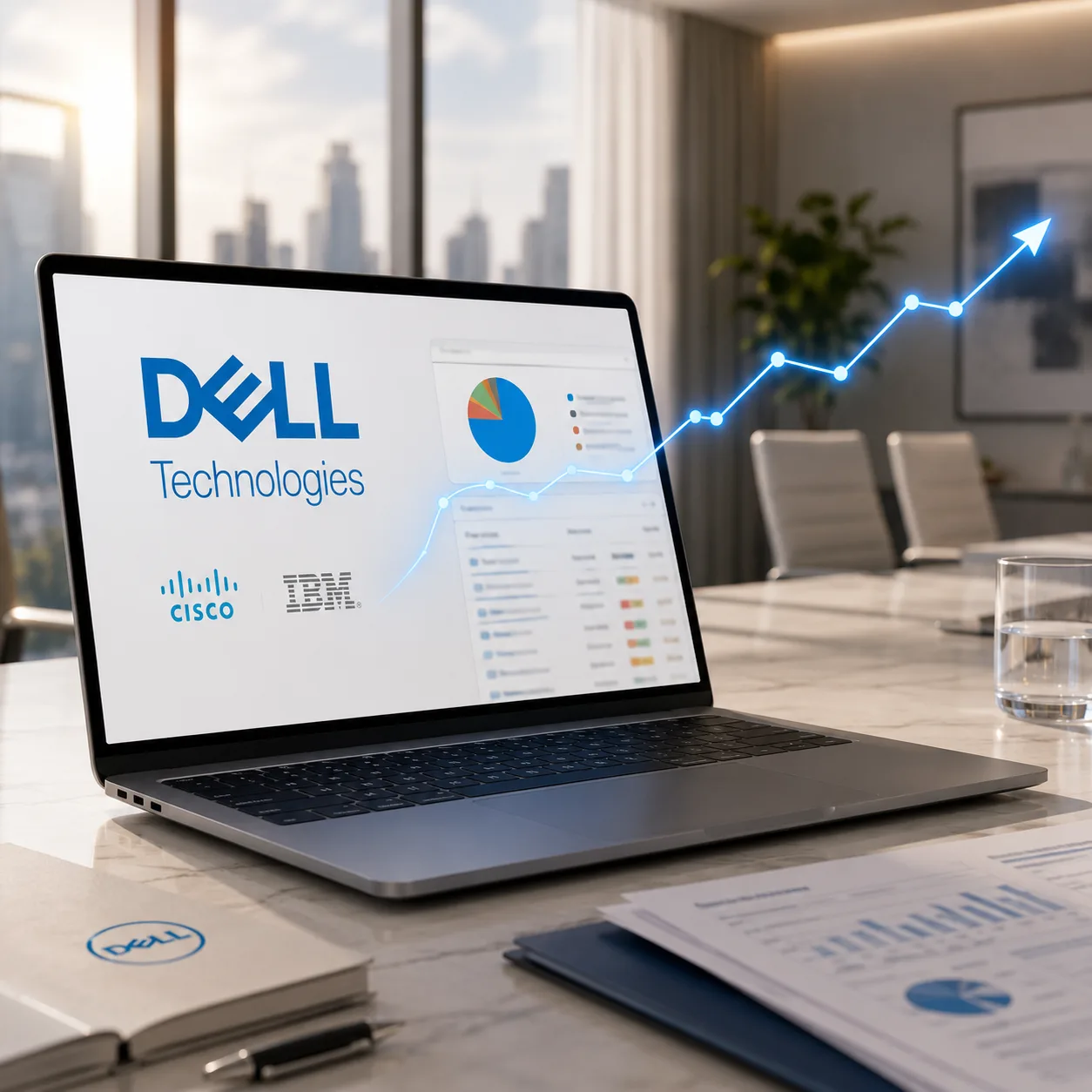 A laptop showing Dell Technologies partner-program tracking in Rebates-On, with rebate dollars trending upward