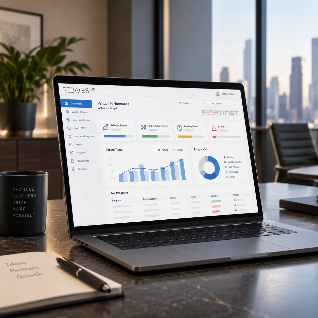 A laptop showing a Rebates-On dashboard for Fortinet, with rebates earned, target achievement, pending claims and at-risk amounts side by side.