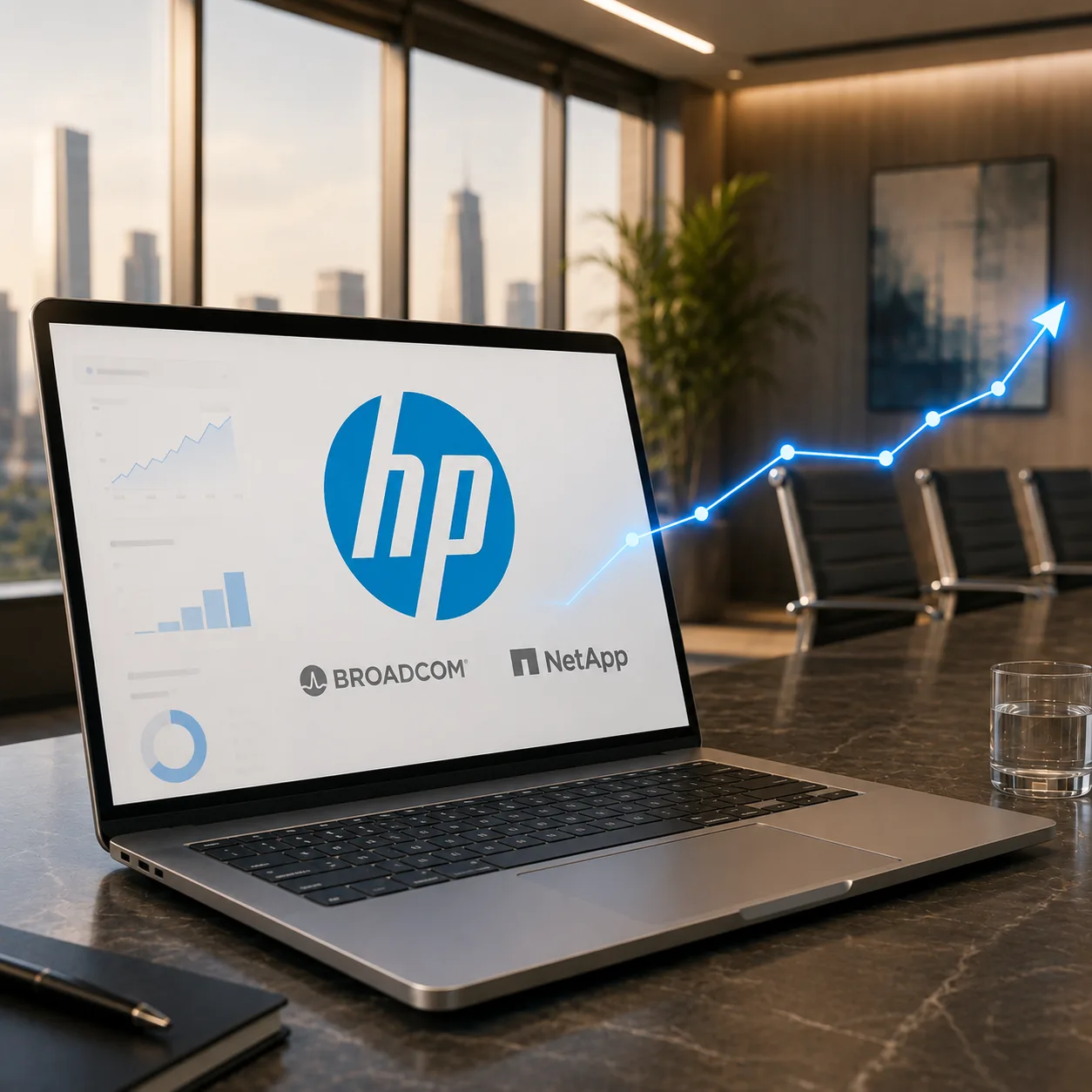 A laptop showing HP partner-program tracking in Rebates-On, with rebate dollars trending upward