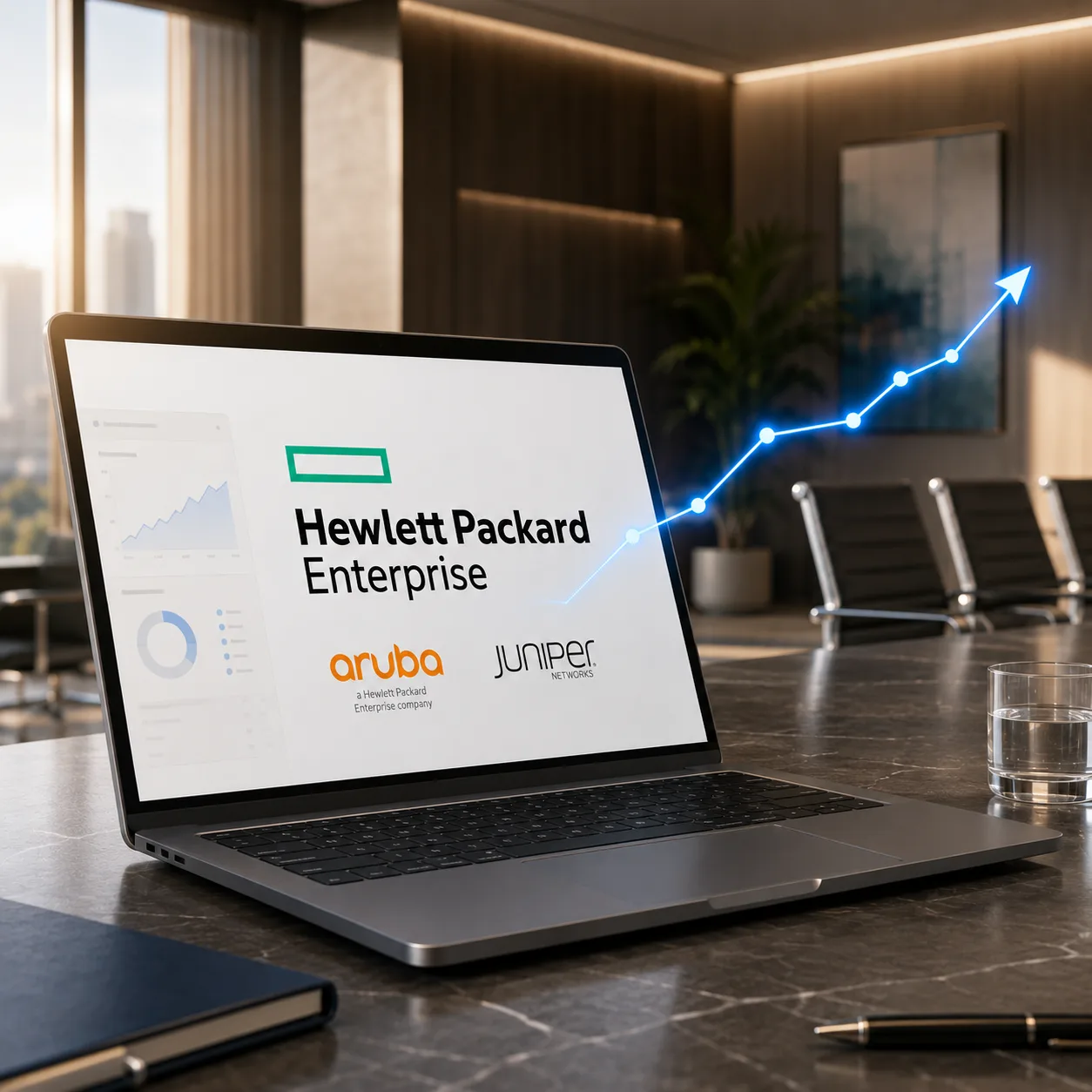A laptop showing HPE and Juniper partner-program tracking in Rebates-On, with rebate dollars trending upward