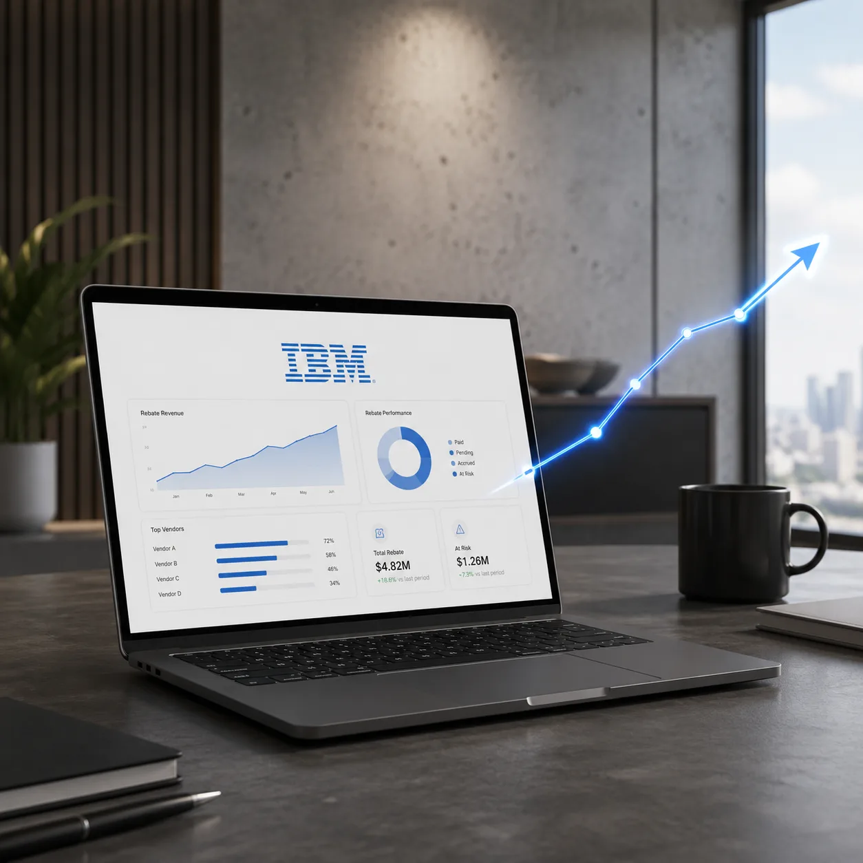 A laptop showing a Rebates-On dashboard for IBM: rebate dollars tracked over six months, rebate performance split across paid, pending, accrued and at risk, top vendors by attainment, and total and at-risk rebate figures.