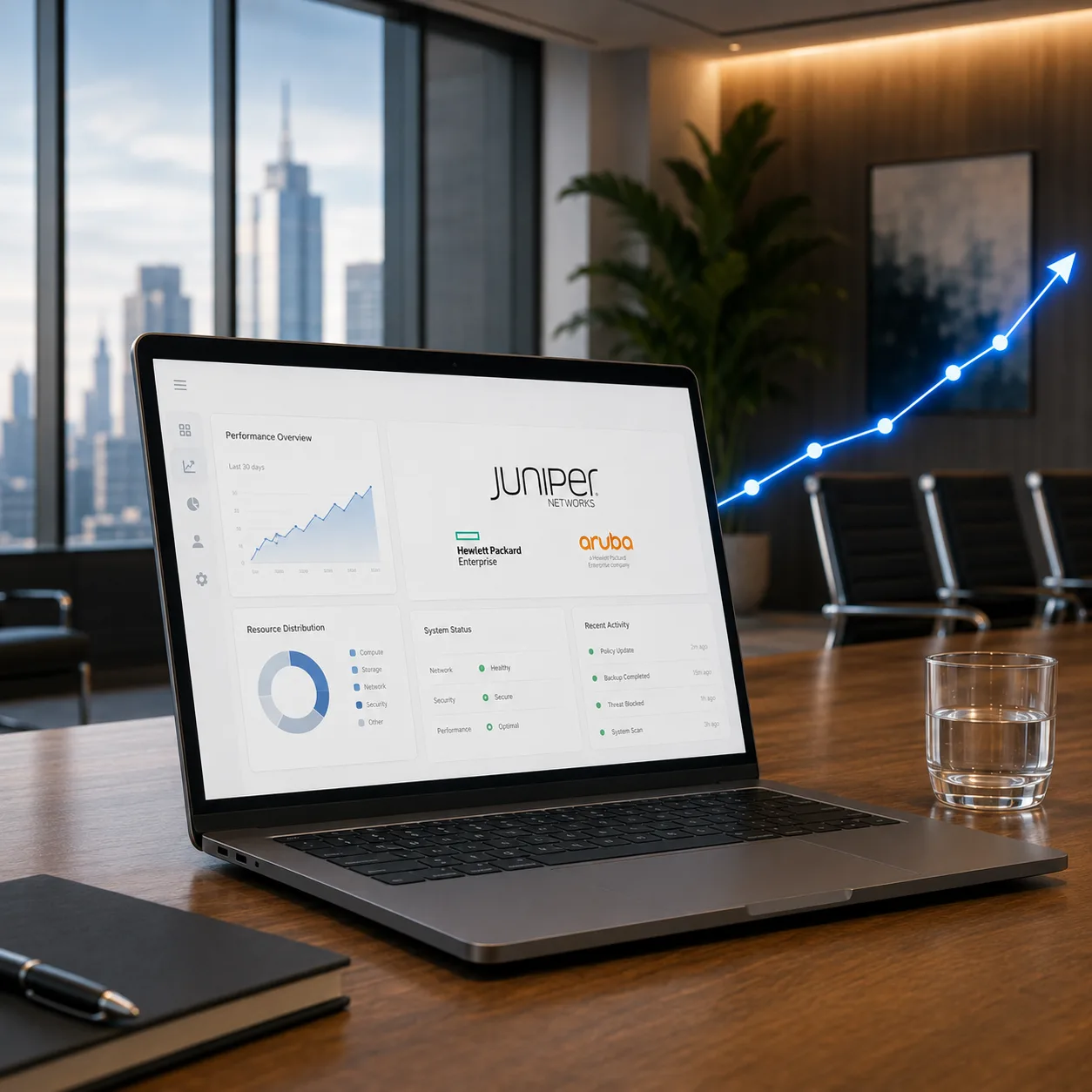 A laptop showing a Rebates-On dashboard covering Juniper alongside Hewlett Packard Enterprise and Aruba, with a 30-day performance overview, resource distribution, system status and recent activity.