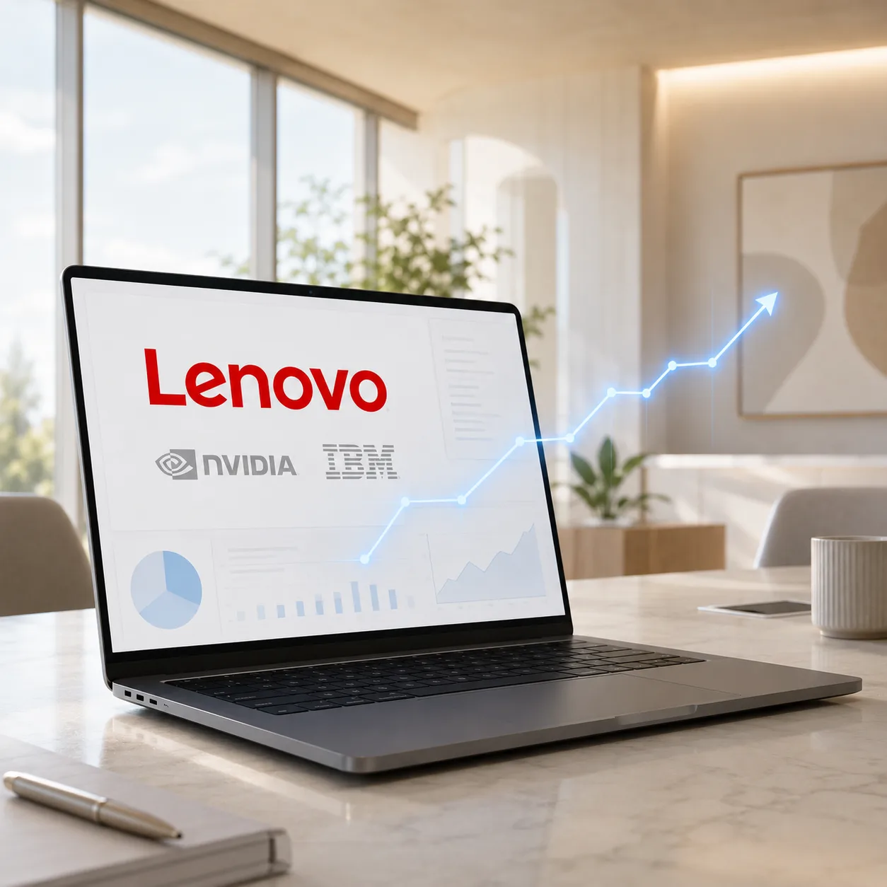 A laptop showing Lenovo partner-program tracking in Rebates-On, with rebate dollars trending upward