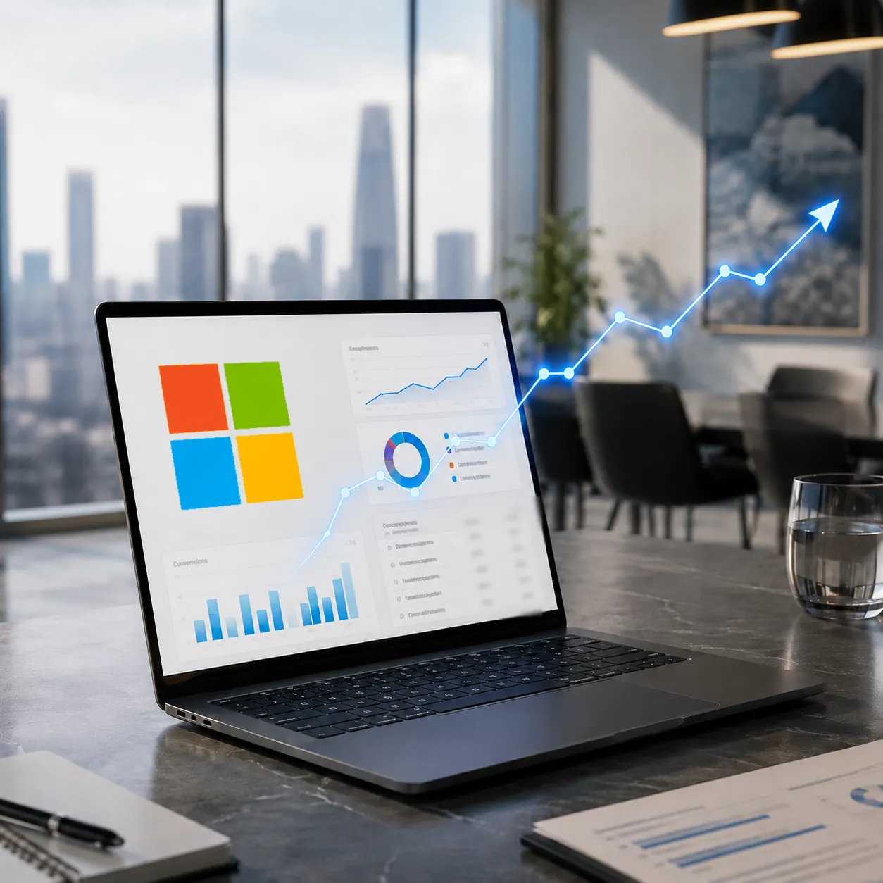 A laptop showing Microsoft Commerce Incentives tracking in Rebates-On, with CSP rebate and co-op positions across four solution areas