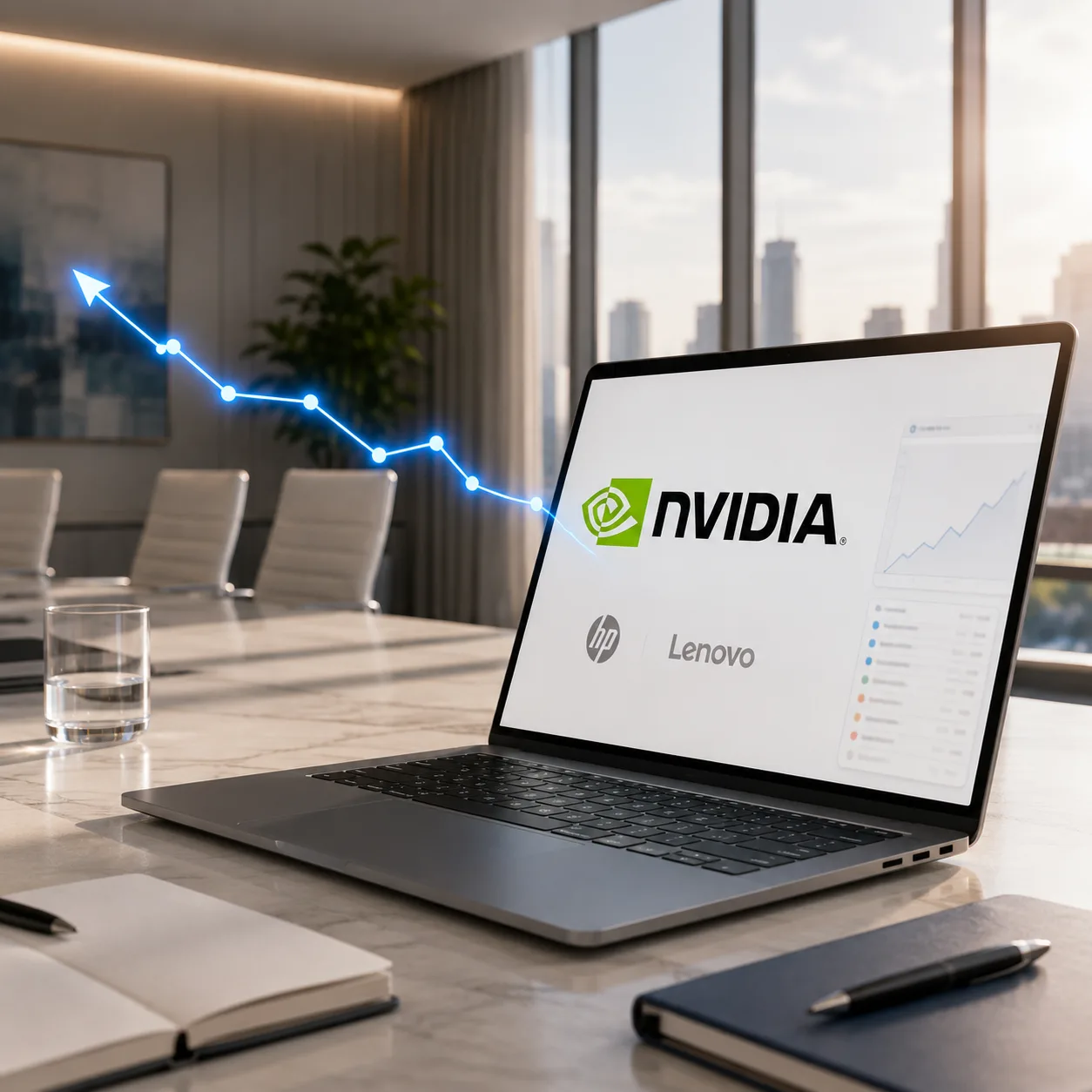 A laptop showing NVIDIA Partner Network tracking in Rebates-On, with rebate dollars trending upward